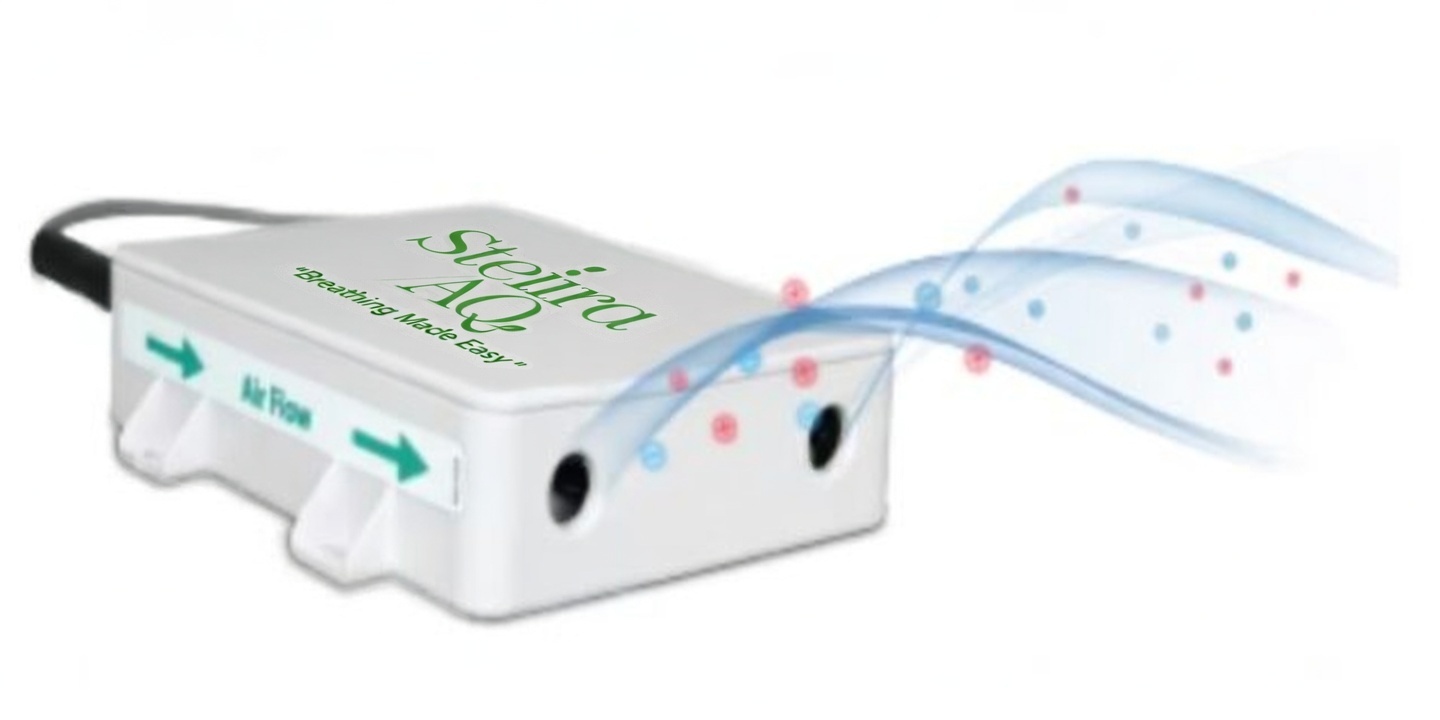 Steira AQ air quality monitor with airflow indicator and Bipolar Ionization technology dispersing ions for indoor air cleaning.