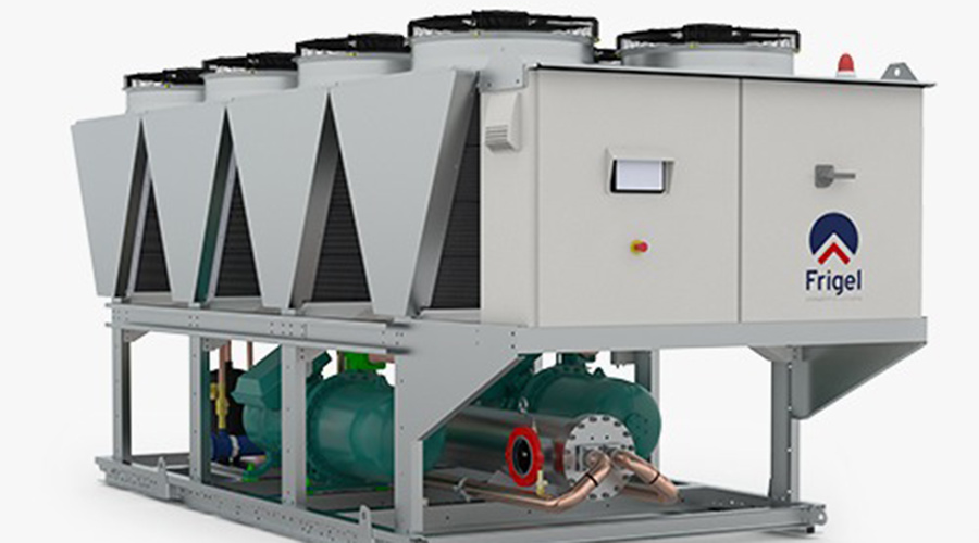 Air-cooled steam chiller unit with visible components and branding, showcasing advanced HVAC technology for commercial applications.
