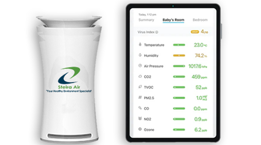 Steira Air CAM System air quality monitor with display showing temperature, humidity, and virus index for indoor air quality management.