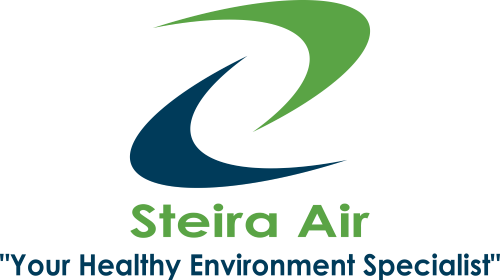 Steira Air logo featuring a stylized swirl design in blue and green, accompanied by the tagline "Your Healthy Environment Specialist," representing air quality and HVAC solutions.