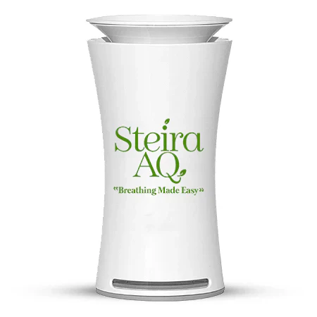 Steira AQ air purifier with green logo and tagline "Breathing Made Easy," designed for improving indoor air quality.