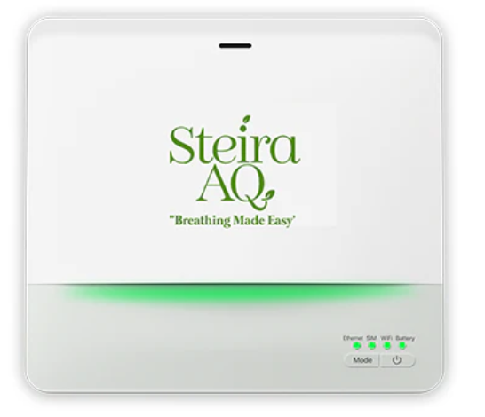 Steira Air CAM System air quality monitor with logo and status indicators, highlighting advanced indoor air quality solutions for healthier environments.