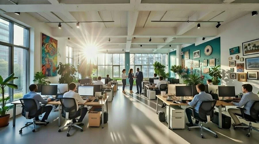 Bright, plant-filled open-plan office with staff at work — the kind of healthy commercial indoor environment Steira Air monitors, cleans and maintains.
